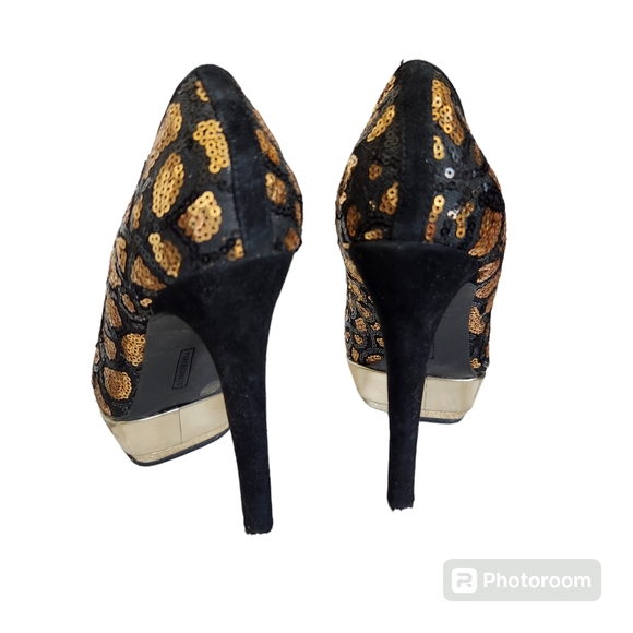 Vince Camuto Black & Gold Sequin Leopard Platform High Heels 6M - Picture 3 of 16